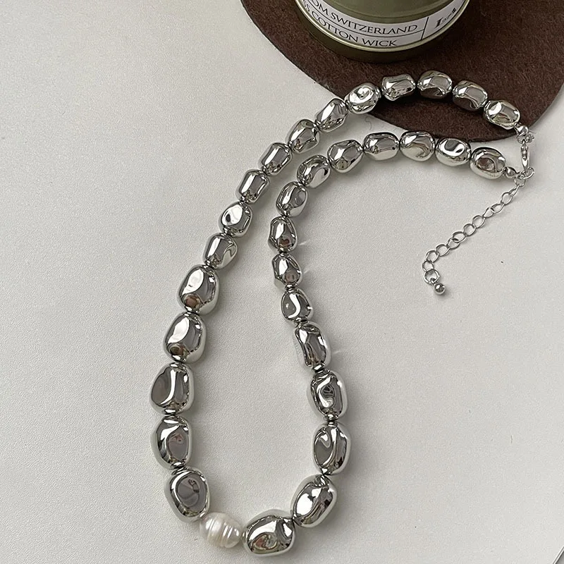 Fashion Silver Color Special-shaped Irregular Beaded Necklace Pearl Simple Temperament Collarbone Chain Hip-hop Trend