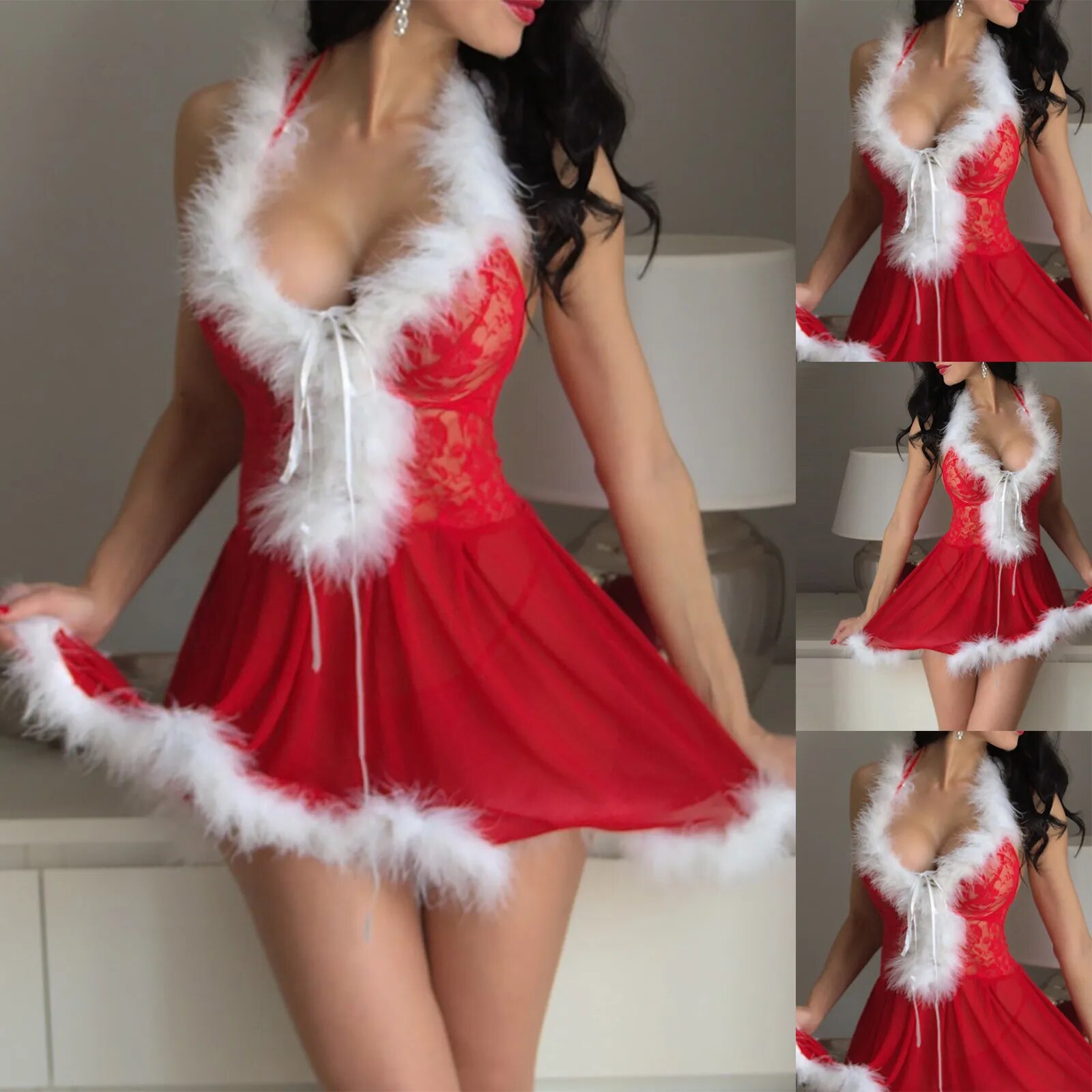 Plus Size Women Sexy Santa Lingerie Faux Fur Christmas Babydolls Feather Night Dress Lace-up Sleepwear Erotic Baby Dolls Pajamas