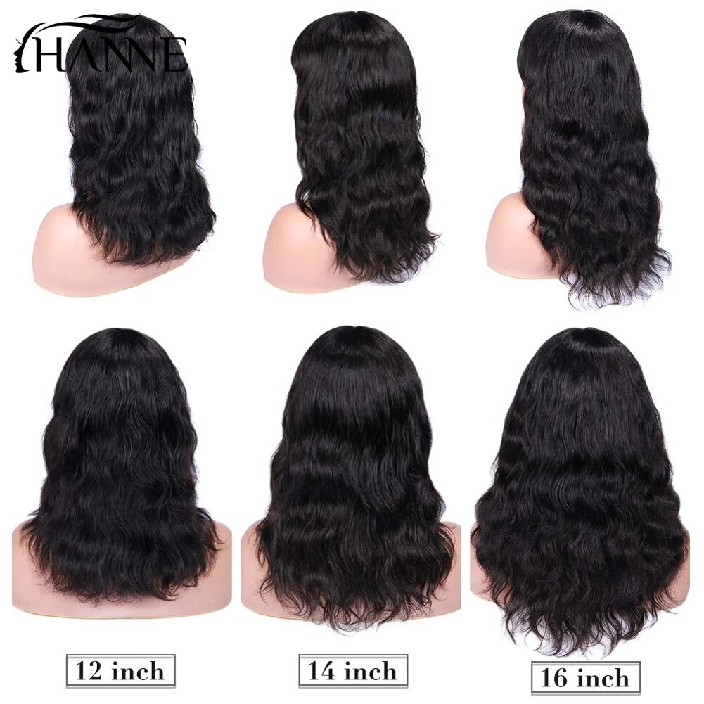 HANNE Brazilian Body Wave Human Hair Wigs With Bangs Wig Natural Black  Remy Short Long Women Hair 150% Density 12-18