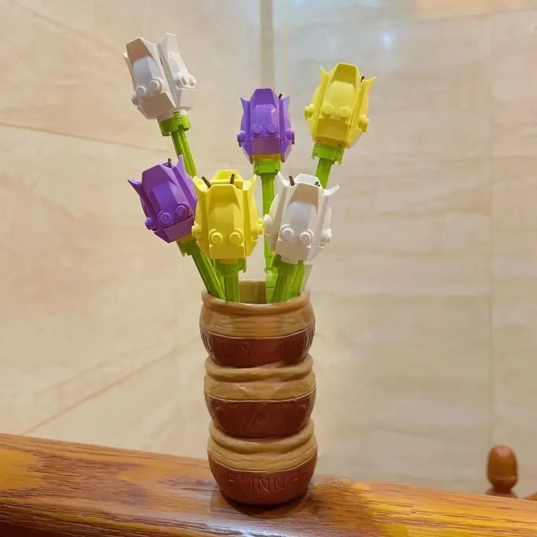 3Pcs Building Block Flower Bouquet Perpetual Tulip Model Home Decoration Plant Potted Assembly Bricks Valentine Kid Child Gifts
