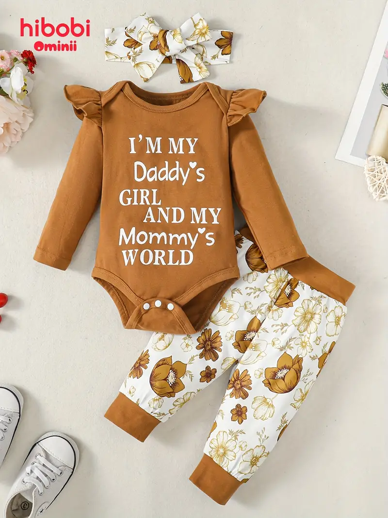 infant baby comfy cute outfit letter graphic romper floral print pants headband set details 0