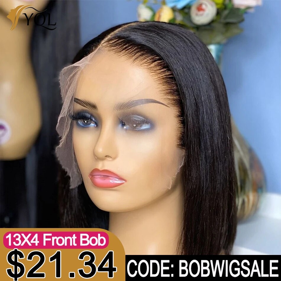 Short Bob Human Hair Lace Frontal Wigs Brazilian Straight Real Bleacehed Knots Transparent 13X4 Full Lace Front Wigs For Women