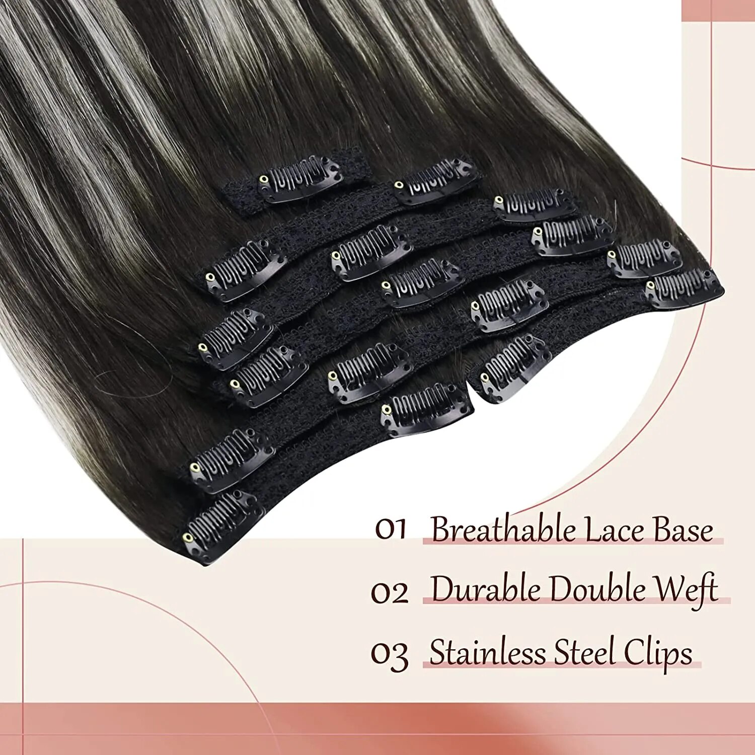 Full Shine Clip In Hair Extensions Black Balayage Silver 18Inch 7Pcs Real Human Hair Natural Hair Double Weft Straight 120G