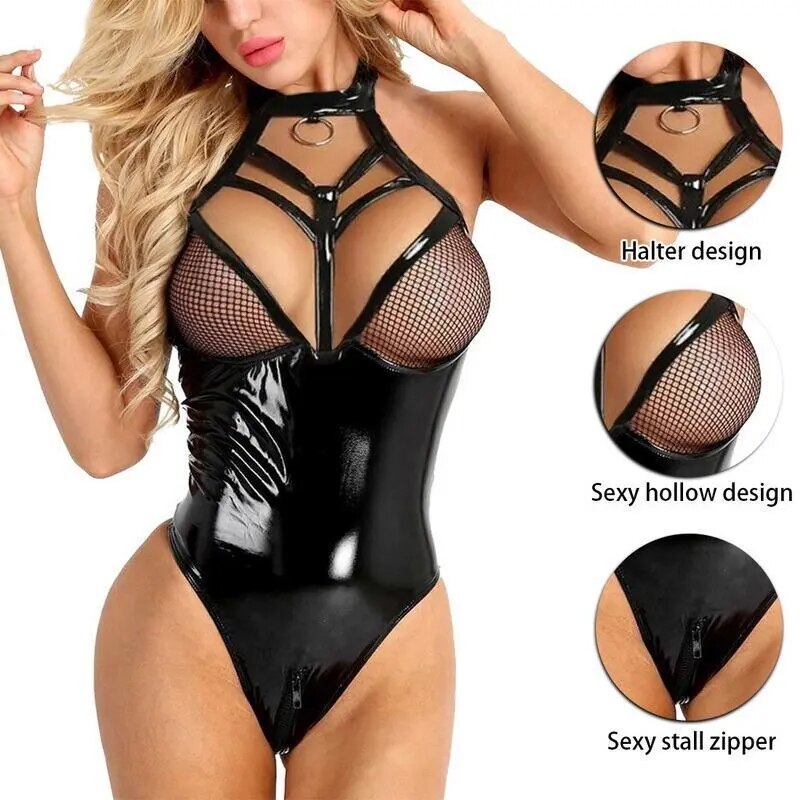 Women's Fun Underwear Sexy One Piece Lacquer Leather Chain Hollow Out Fun Set Out Underwear Erotic Costumes Porno Corsets
