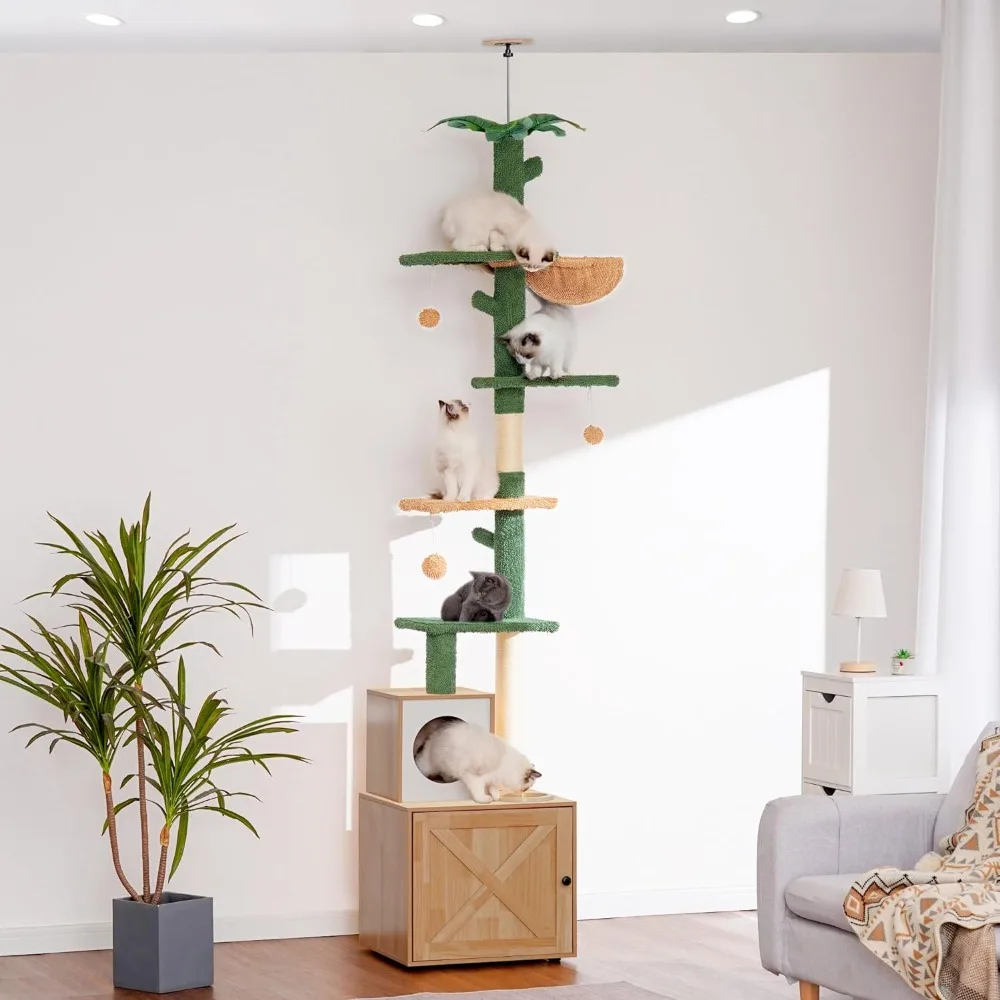 Cat Climbing Tower Adjustable 95-109 Inches with Basket  Tree Floor to Ceiling Cactus with Wood Litter Box Enclosure,Cat Condo