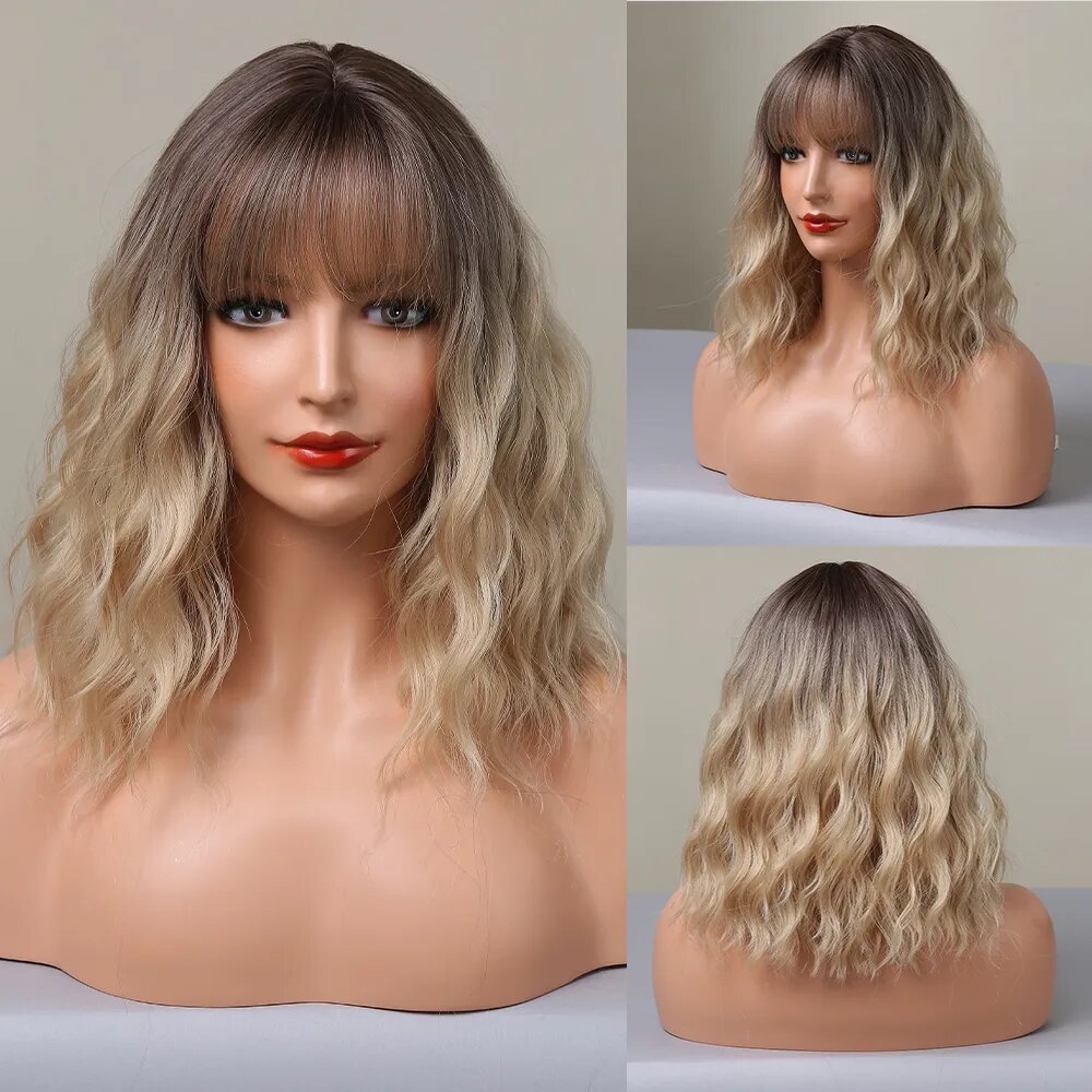 Short Wavy Bob Synthetic Wigs with Bangs Brown Blonde Ombre Hair Wigs for Women Cosplay Lolita Natural Wig Heat Resistant