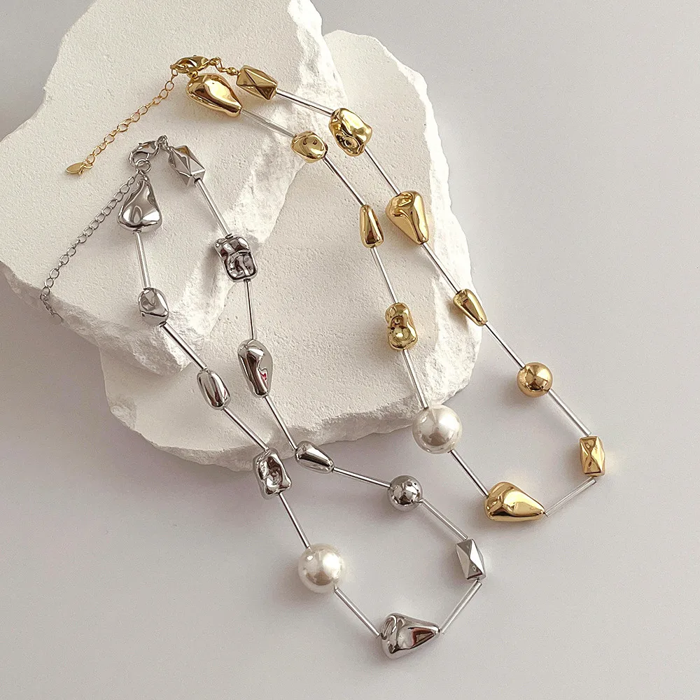 Korean style unique design sense of irregular metal pearl stitching necklace personality men and women collarbone chain choker