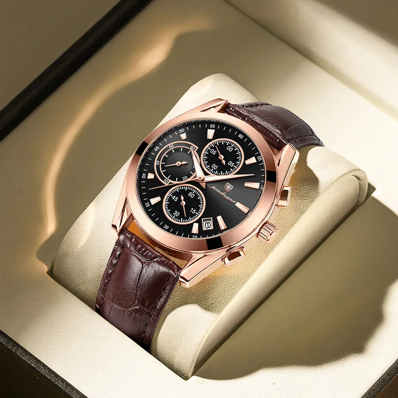 POEDAGAR Men Watches Top Brand Luxury Leather Wristwatch Sport Chronograph Waterproof Luminous Quartz Military Watch for Men