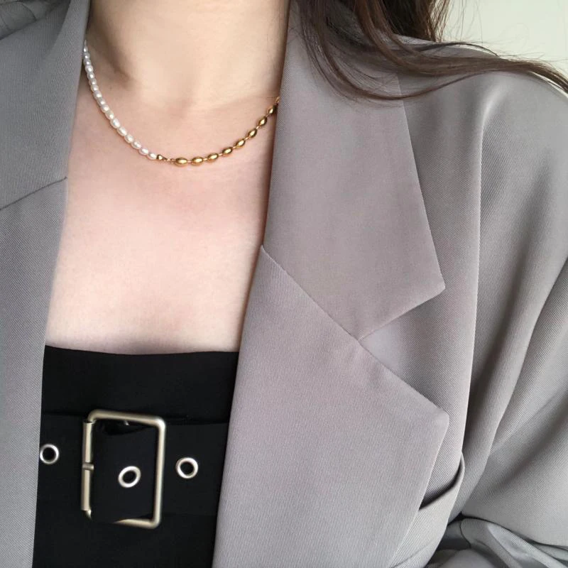 GHIDBK 2021 Summer Bohemian Beads & Pearls Stitching Necklaces S.Steel Handmade Irregular Natural Freshwater Pearl Chain Chokers