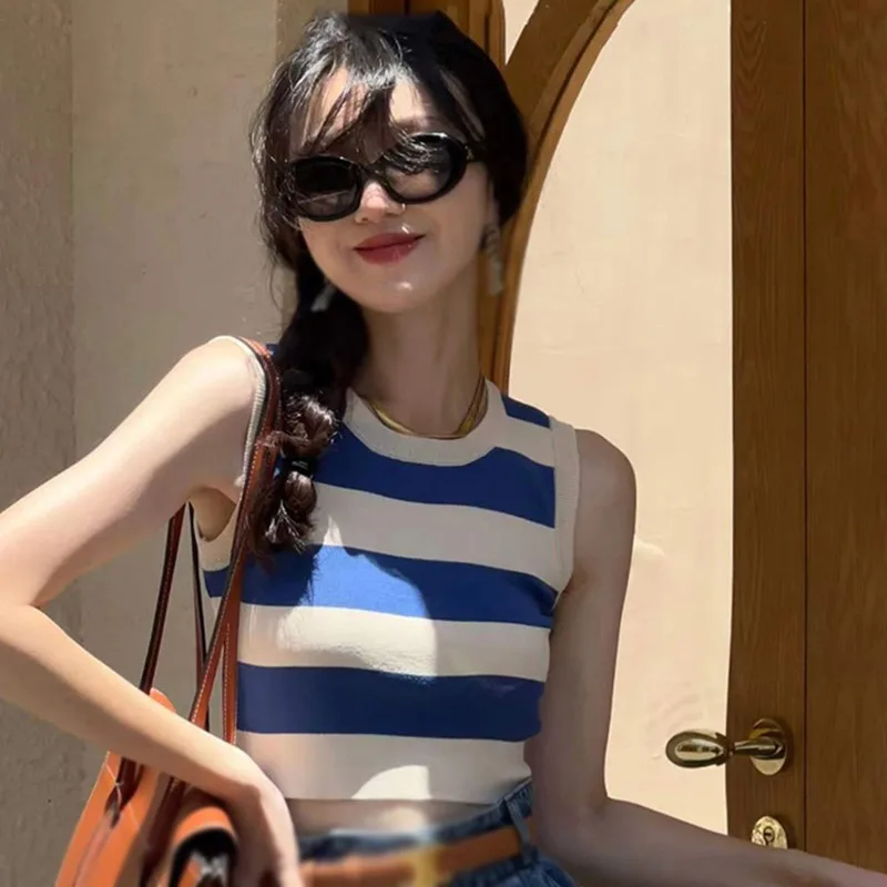 Knitted Striped Tanks Slim Crop Tops  Women Summer New Cool Ladies Street Wear Fashion All-match Retro Korean Style Chic Tops