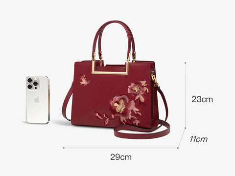 Embroidery Leather Peony Tote Bag Chinese Style Luxury Handbag