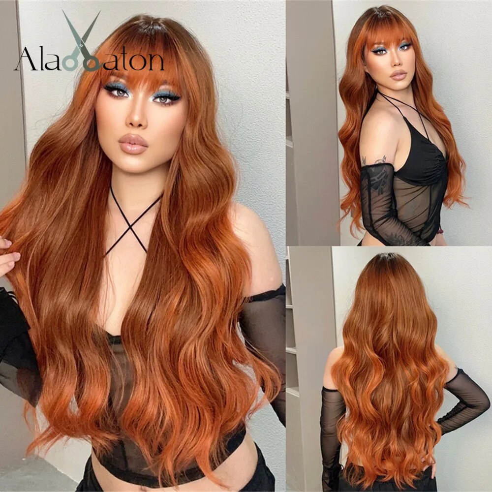HENRY MARGU Ombre Orange Red Long Body Wavy Wig Synthetic Red Brown Wigs with Bangs for Women Daily Party Use Natural Fake Hair