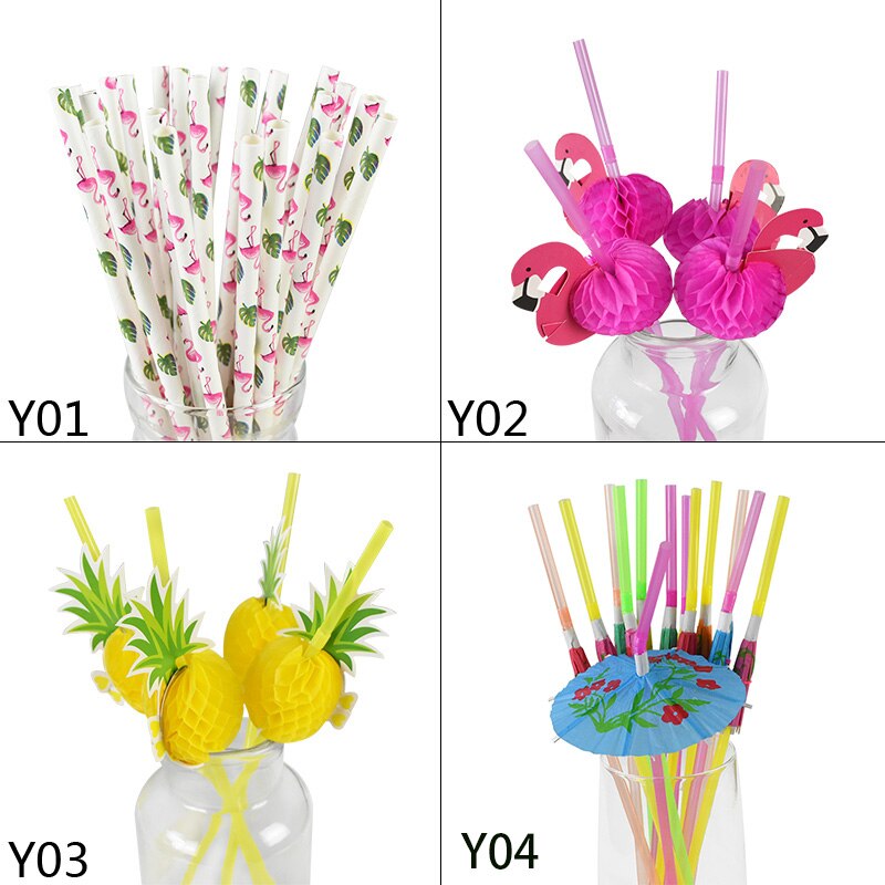 25/50Pcs Hawaii Tropical Umbrella Flamingo Pineapple Mix color Disposable Straws Cocktail Juice Supplies Hawaii Party Decor