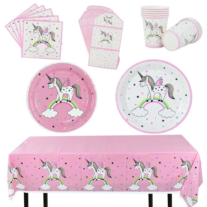 Unicorn Theme Disposable Party Tableware Set Paper Plate Cup Straw Happy Birthday Baby Shower Girl Decorations Kids Supplies