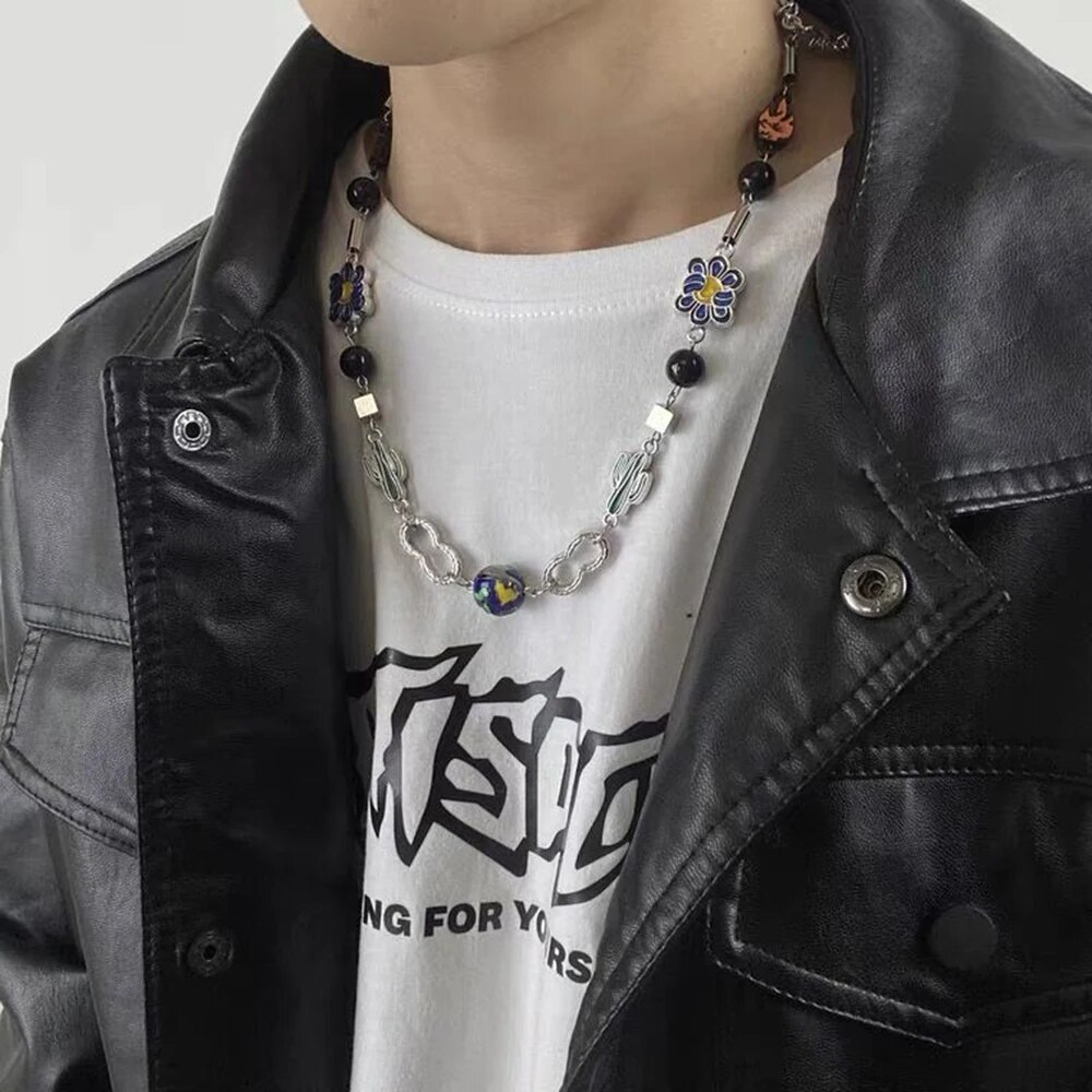 Trendy Brand Cactus Planet Charm Necklace Men Women Fashion Hip hop Stainless Steel Long Sweater Chain Street Hip hop Jewelry