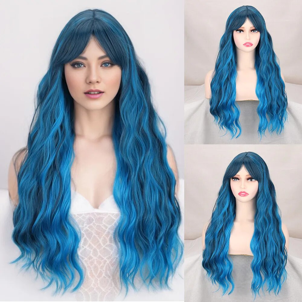 Long Blue Synthetic Wigs Natural Wavy With Bangs High Temperature Fiber Wigs for Women Cosplay Party Daily Wigs