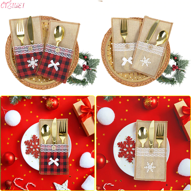 1/2pcs Christmas Fork Knife Cutlery Holder Bag Plaid Linen Pocket Christmas Decor Tableware Cutlery Holder Set Xma Table Decor
