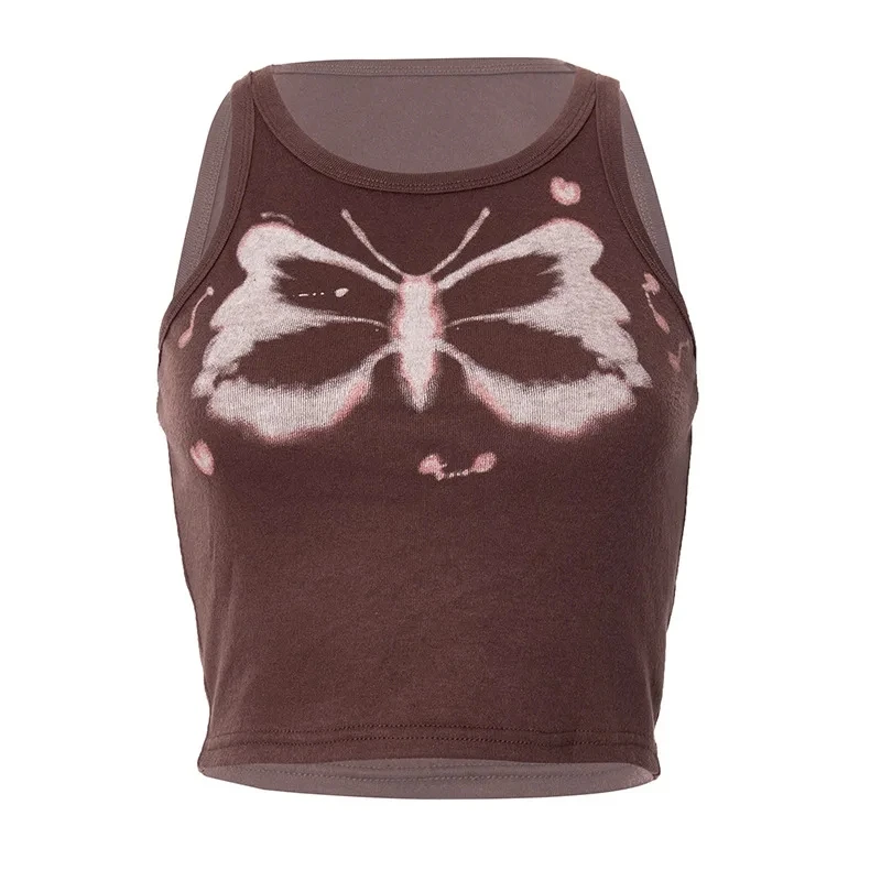 Top women Y2K Aesthetics Butterfly Print Brown Crop Tops Indie Streetwear O-neck Sleeveless Tank Tops 90s Fashion Summer Vests