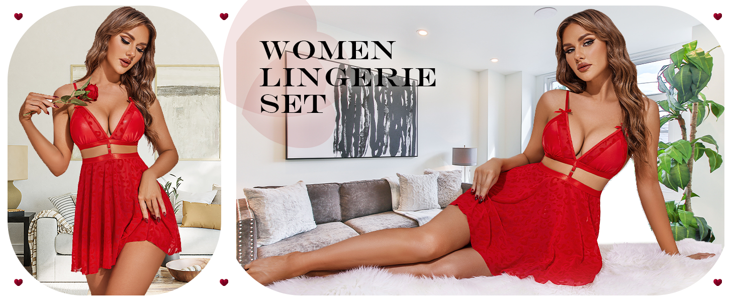 Women Lace Lingerie Open Back Babydoll V Neck Nightwear Sexy Chemise Nightie