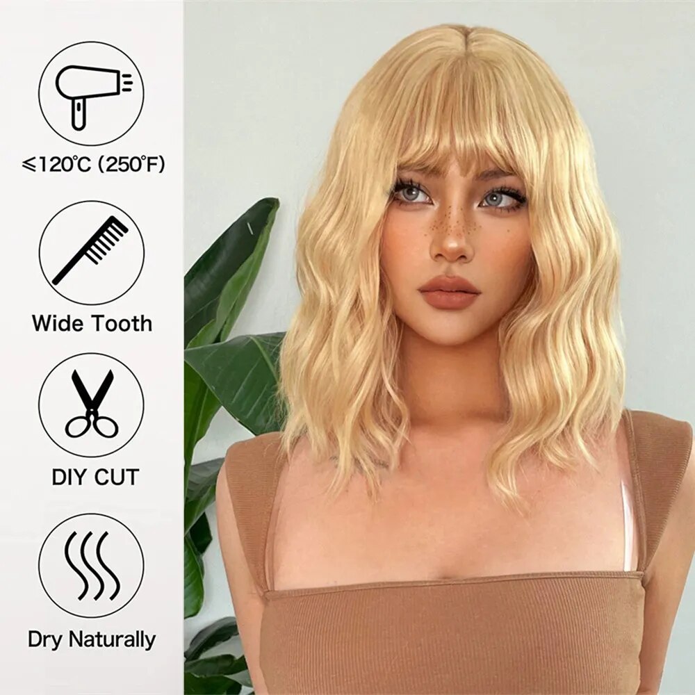 HENRY MARGU Short Blonde Wavy Wigs with Bangs Synthetic Bob Light Blonde Wig Loose Wave Women Party Wig Heat Resistant Fake Hair