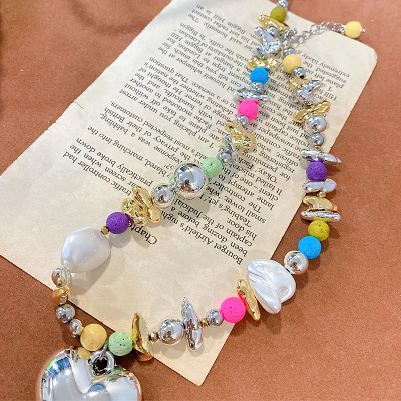 Multi Colors Large Heart Necklace For Women Irregular Metal Colorful Mixed Acrylic Stone Beads Girls Party Fashion Jewelry C1182