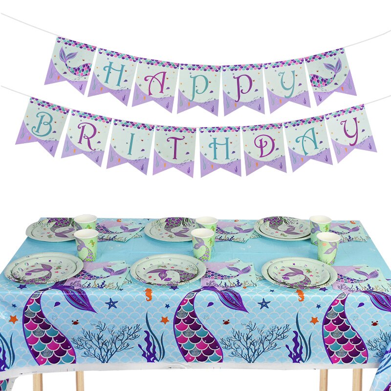 1Set Mermaid Party Disposable Tableware Napkin Plates Cups Banner Baby Shower Favor Girls Birthday Party Decoration