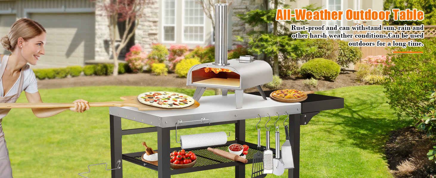 Grill Cart,Outdoor Grill Table,Pizza Oven Stand Table,Three-Shelf Food Prep and Work Cart