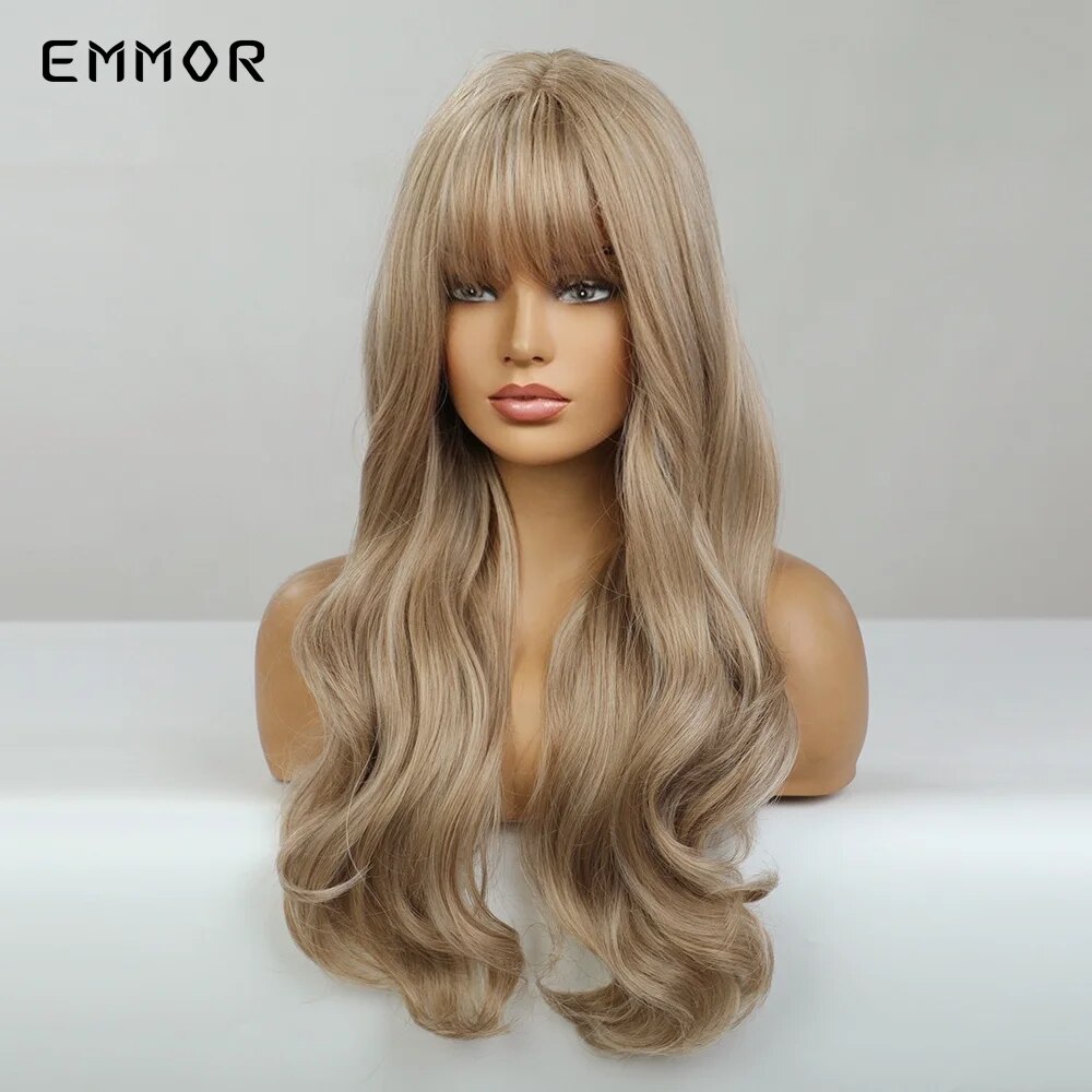Emmor Synthetic Long Blonde Wavy Wigs for Women Hair Soft Natural Light Blond Wig with Bangs Heat Resistant Fiber Hair Wig