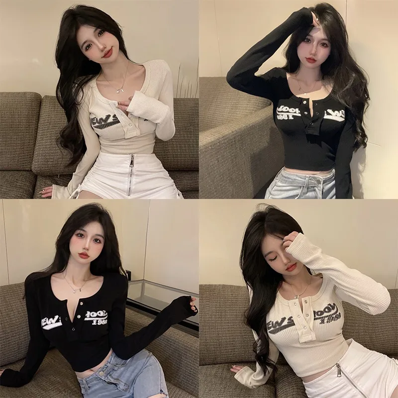 Women's Long Sleeve Slim Fit Cropped Printed Threaded Letters Crew Neck Y2K Spring Autumn Crop Tops