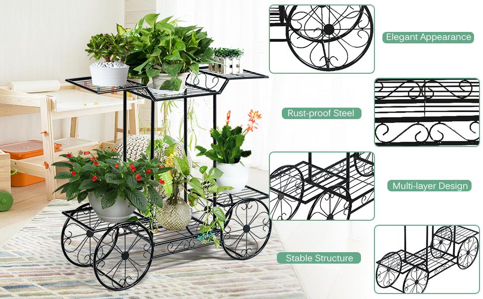 6-Tier Outdoor Garden Cart Metal Flower Rack Display Stand with 4 Wheels