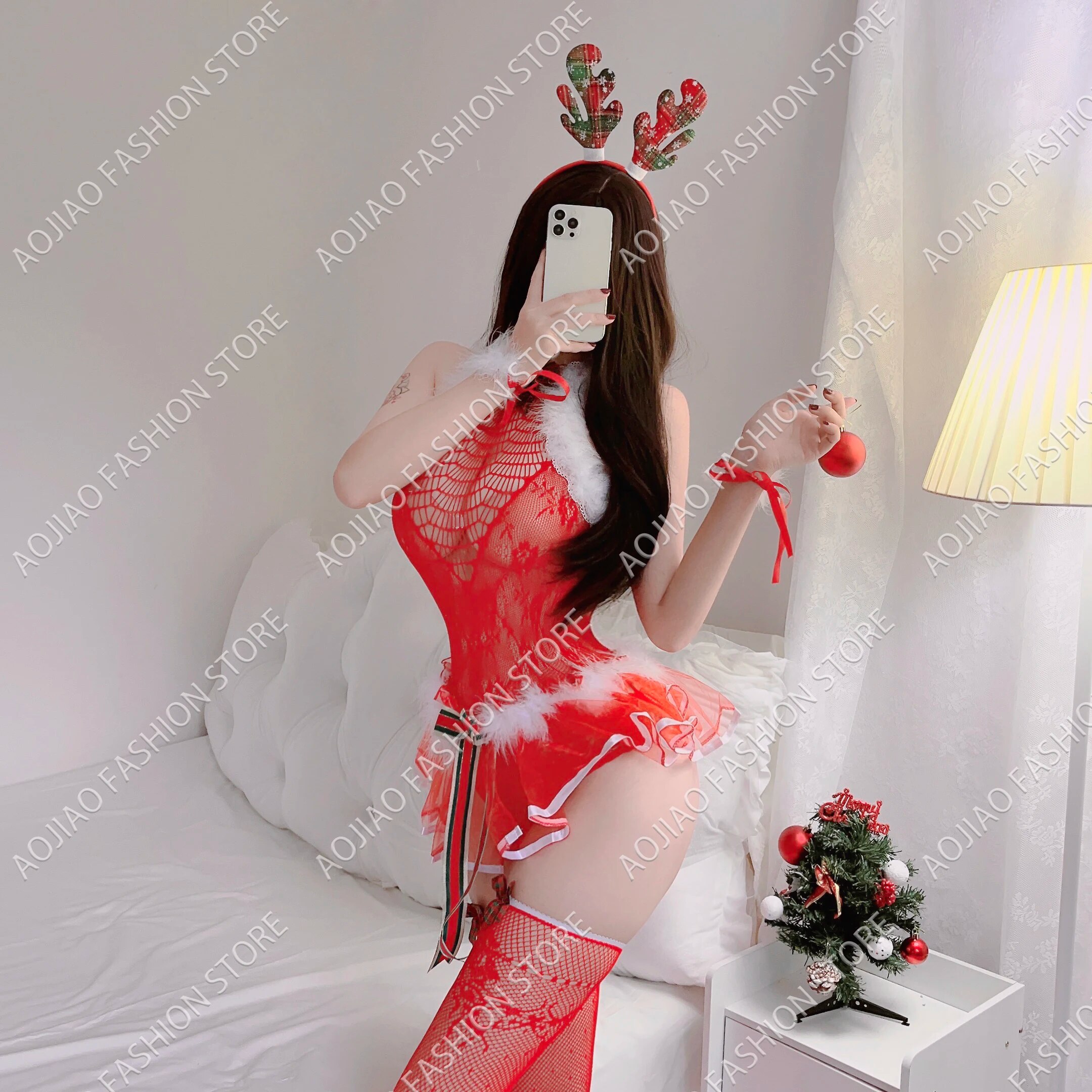 Women's Christmas Lingerie Set Fishnet Bodystocking Open Crotch Lace Stitching Push Up Bra & Thong Sexy Lingerie For Sex