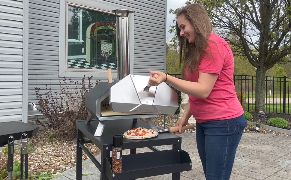 Outdoor Grill Cart Pizza Oven Stand, BBQ Prep Table with Wheels for home patio cooking