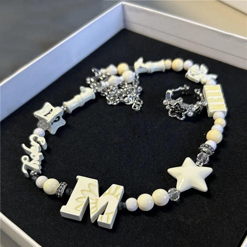 2023 New Original Bead Trendy Cool Alphabet Necklace Hip Hop Angel Lucky Star Item Guochao Couple Accessories