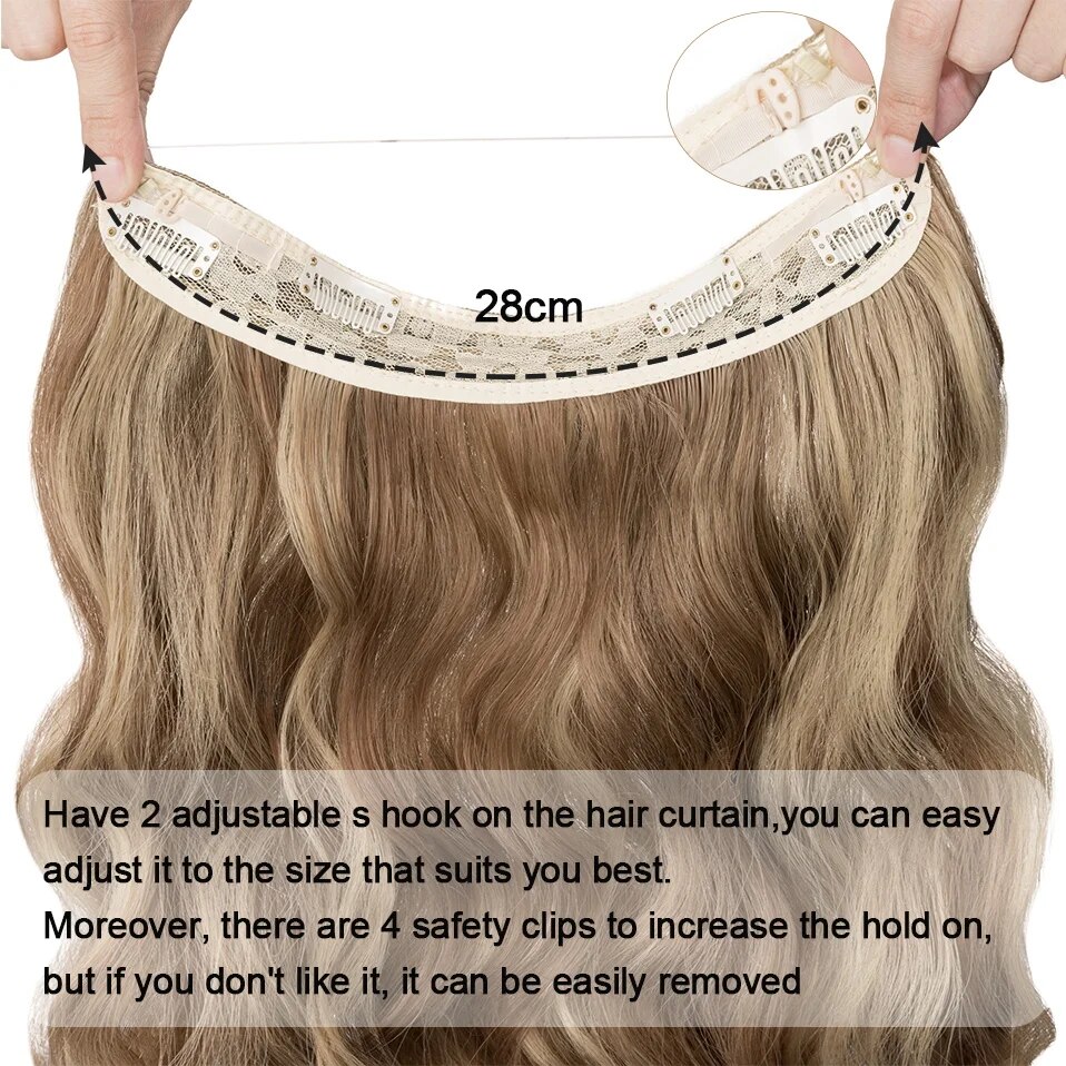 BENEHAIR Synthetic Invisible Wire Hair Extensions Adjustable Long Clip in Wave Curly Secret Hairpiece for Women Fish Line Hair