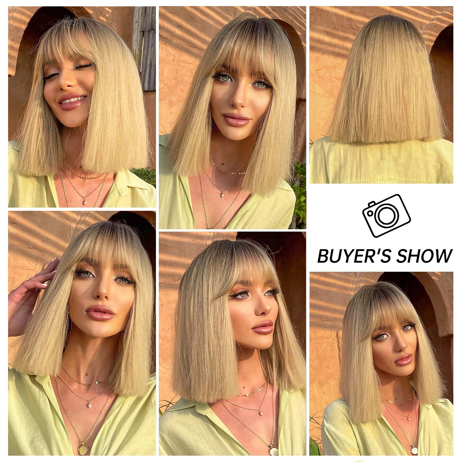Short Straight Bob Gray Ash Blonde Synthetic Wigs with Bangs Natural Blunt Cut Hair Wig for White Women Daily Heat Resistant