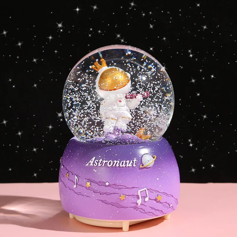 Creative Astronauts Snow Globe Luminous Crystal Ball Music Box Glass Ball Desk Ornaments Office Home Decor Kids Christmas Gifts