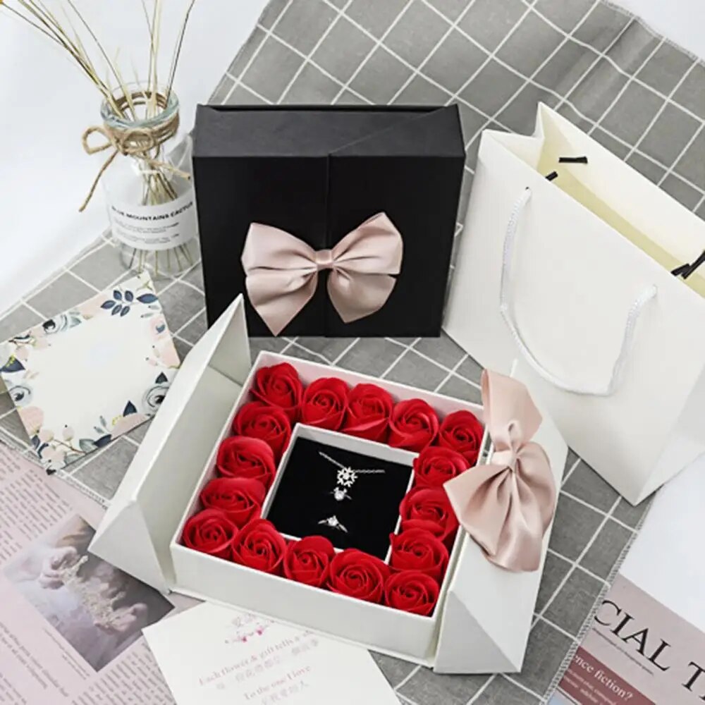Delicate Eternal Life Rose Box Magnetic Square Double Door Bowknot Design Valentine's Day Packaging Display Case Organizer