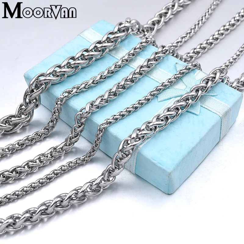 Moorvan Men Necklace Stainless Steel Boys Jewelry 40cm-90cm Braided Link Wheat Chain Necklace Women punk rock biker gift,VN347