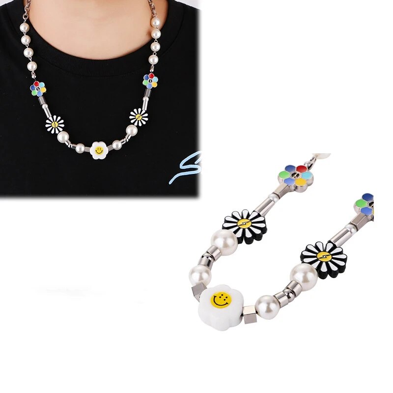 Fashion All-match Necklace Male Round Bead Flower Hip Hop Female Necklace Jewelry Gift Hot Sale