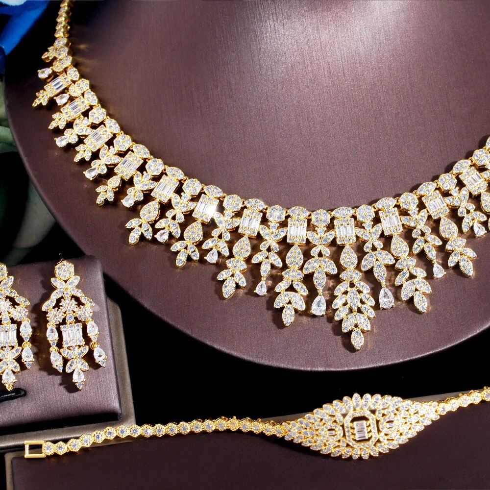 ThreeGraces 4PCS Sparkling Cubic Zirconia Gold Color Luxury Dubai Nigerian Bridal Wedding Party Jewelry Set for Women TZ869