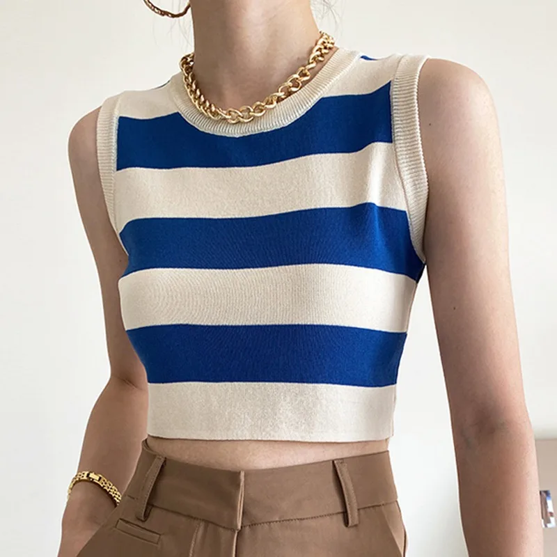 Knitted Striped Tanks Slim Crop Tops  Women Summer New Cool Ladies Street Wear Fashion All-match Retro Korean Style Chic Tops