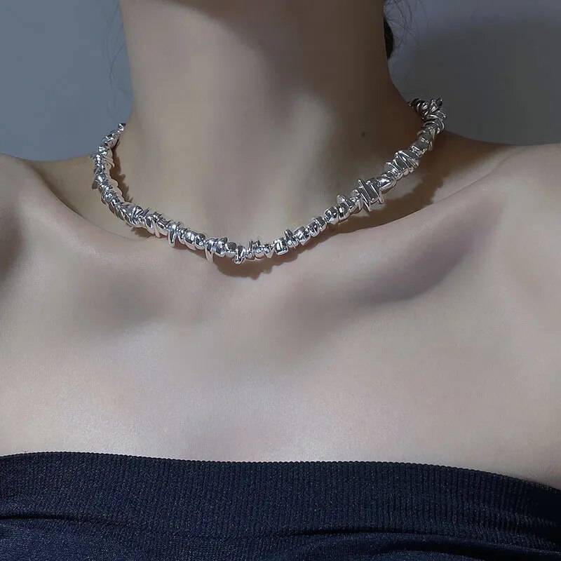 Fashion Silver Color Special-shaped Irregular Beaded Necklace Pearl Simple Temperament Collarbone Chain Hip-hop Trend