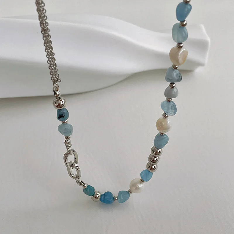 Aesthetic Blue Natural Stone Mix Freshwater Pearl Necklaces Summer Irregular Choker On The Neck Beads Exquisite Trend Jewelry
