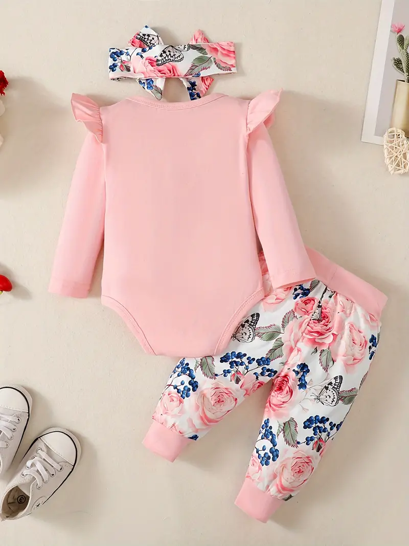 infant baby comfy cute outfit letter graphic romper floral print pants headband set details 21