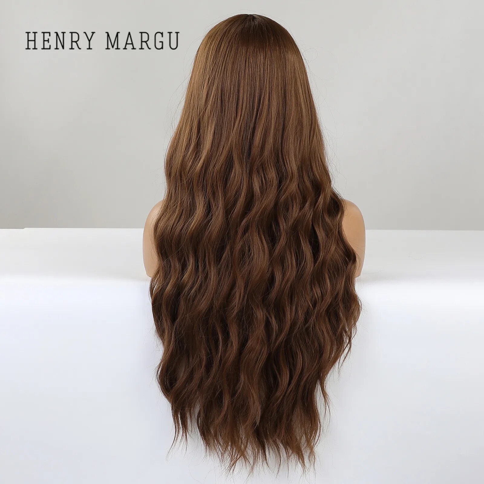 HENRY MARGU Long Brown Wavy Synthetic Wigs with Bangs Natural Water Wave Hairs for Women Daily Cosplay Party Heat Resistant Wigs