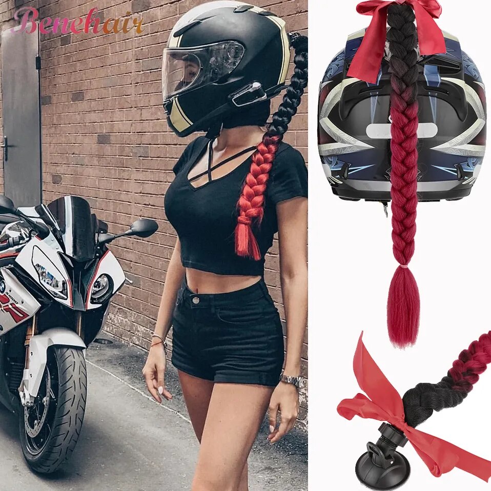 Benehair Helmet Pigtails Gradient Ramp Helmet Braids Ponytail Hair with Suction Cup with Bowknot for Motor Bike 1PCS 20inch