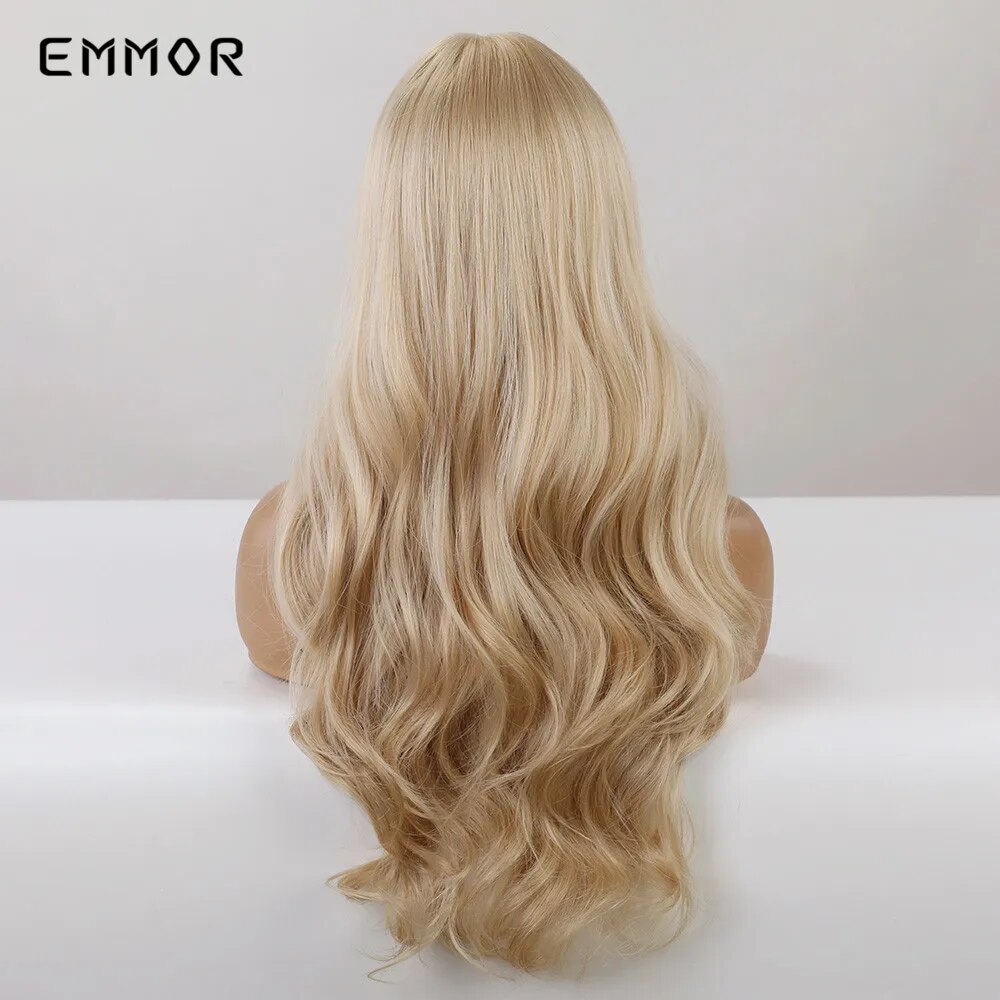 Emmor Synthetic Long Light Blonde Natural Wave Hair Wigs with Bangs High Temperature Fluffy Cosplay Daily Wig for Women