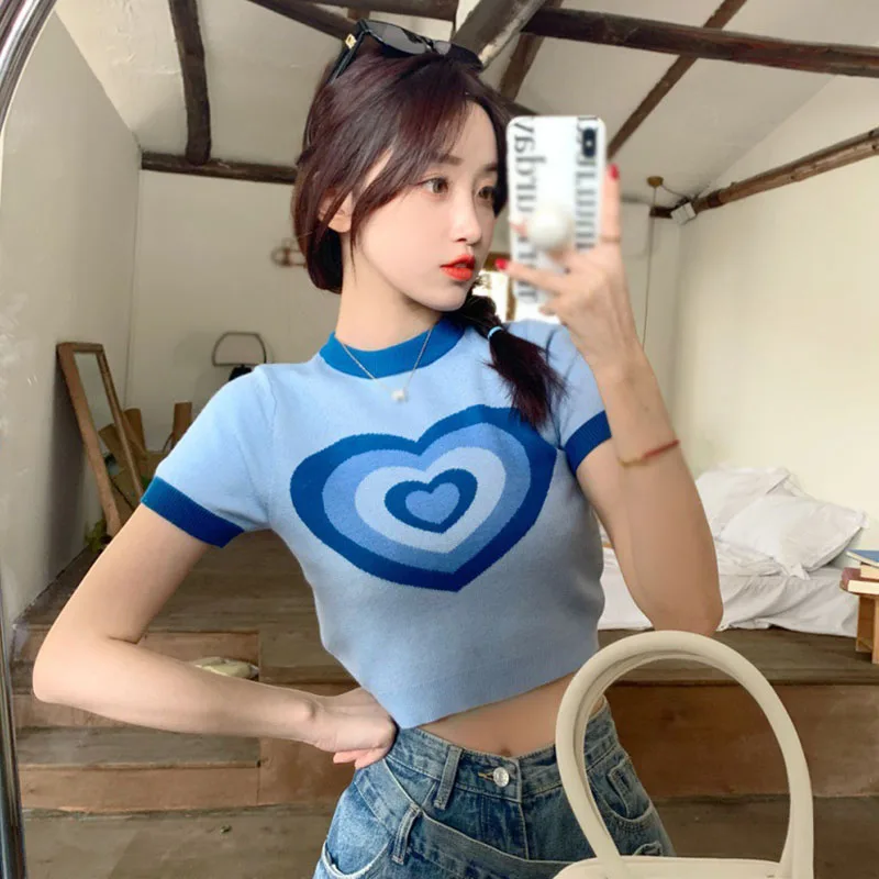 Sweet Women's T-Shirt Retro Short Sleeve Jacquard Love Breathable Slim Fit Knitted Crop Tops Casual Spring Summer Versatile
