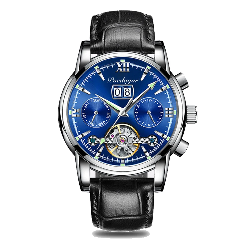 POEDAGAR 2021 Luxury Men Mechanical Wristwatch Genuine Leather Automatic Sports Chronograph Men Watches Top Brand Business Clock