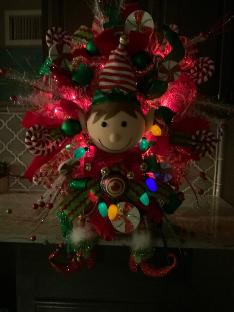 Elf Wreath Lighted Christmas wreath Christmas Door wreath image 3